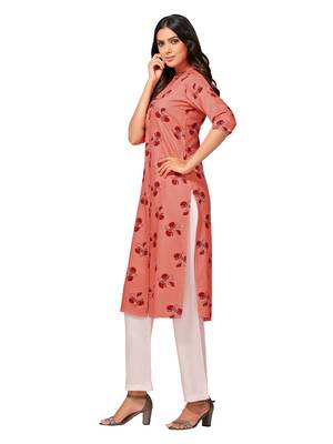 Orange printed cotton long-kurtis 4