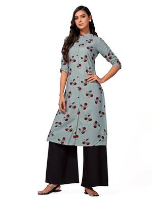 Grey printed cotton long-kurtis 1