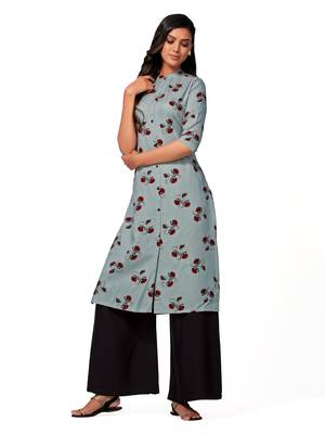 Grey printed cotton long-kurtis 4