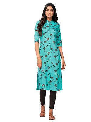 Turquoise printed cotton long-kurtis 1