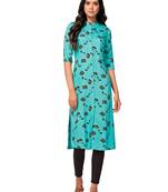 Turquoise printed cotton long-kurtis