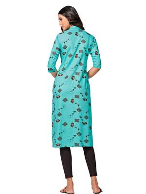 Turquoise printed cotton long-kurtis 2