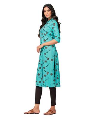 Turquoise printed cotton long-kurtis 3
