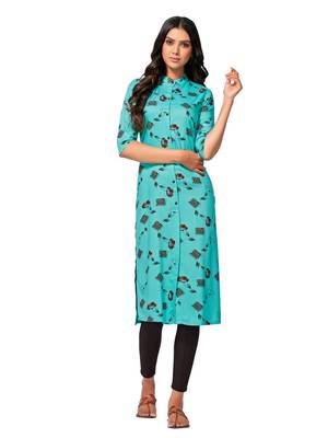 Turquoise printed cotton long-kurtis 4
