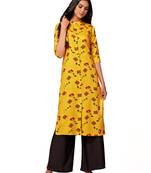 Mustard printed cotton long-kurtis