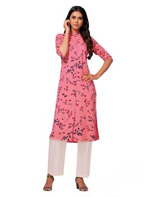 Pink printed cotton long-kurtis 1
