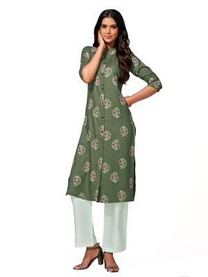 Green printed cotton long-kurtis 1