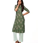 Green printed cotton long-kurtis