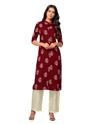 Maroon printed cotton long-kurtis 1