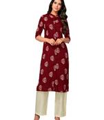 Maroon printed cotton long-kurtis