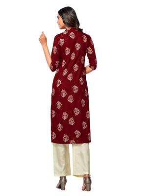 Maroon printed cotton long-kurtis 2
