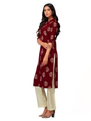 Maroon printed cotton long-kurtis 3
