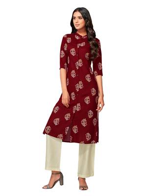 Maroon printed cotton long-kurtis 4