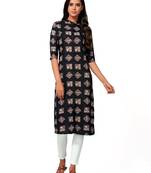 Black printed cotton long-kurtis