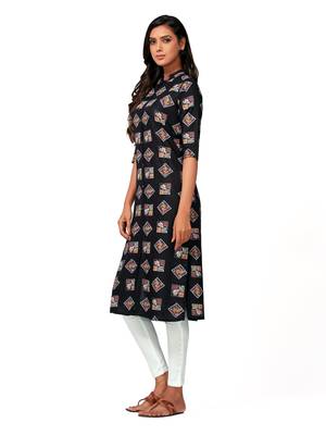 Black printed cotton long-kurtis 3