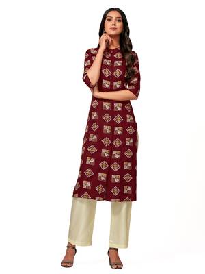 Maroon printed cotton long-kurtis 1
