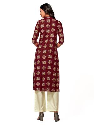 Maroon printed cotton long-kurtis 2