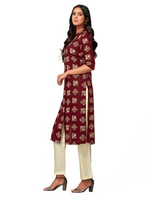 Maroon printed cotton long-kurtis 3