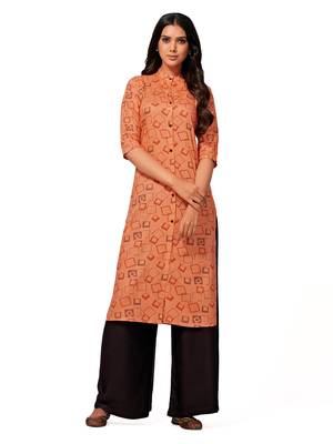 Orange printed cotton long-kurtis 1