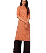 Orange printed cotton long-kurtis