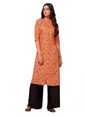 Orange printed cotton long-kurtis 3