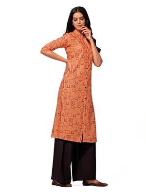 Orange printed cotton long-kurtis 4