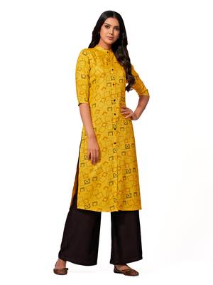 Mustard printed cotton long-kurtis 1