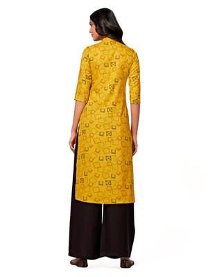 Mustard printed cotton long-kurtis 2