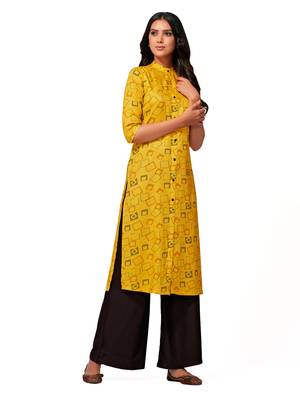Mustard printed cotton long-kurtis 4