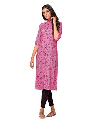 Pink printed cotton long-kurtis 1