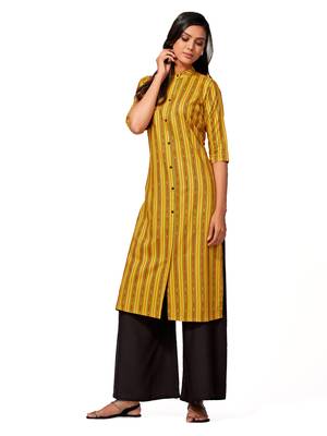 Mustard printed cotton long-kurtis 4