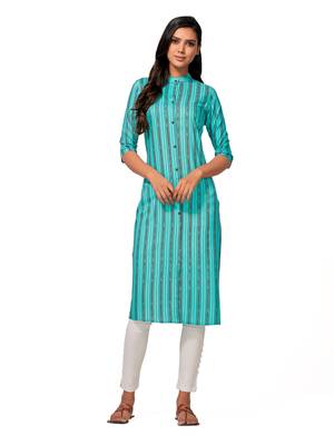 Turquoise printed cotton long-kurtis 1