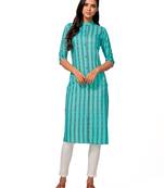 Turquoise printed cotton long-kurtis