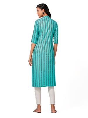Turquoise printed cotton long-kurtis 2