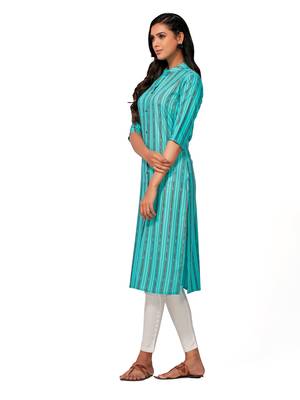 Turquoise printed cotton long-kurtis 3