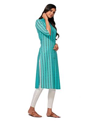Turquoise printed cotton long-kurtis 4