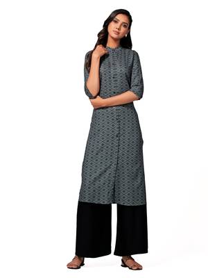 Grey printed cotton long-kurtis 1