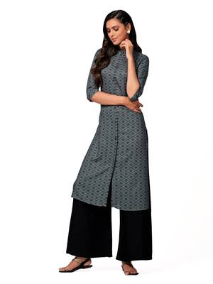Grey printed cotton long-kurtis 3