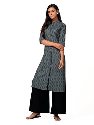 Grey printed cotton long-kurtis 4