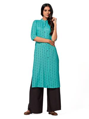 Turquoise printed cotton long-kurtis 1