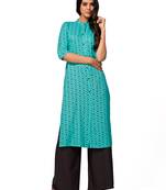 Turquoise printed cotton long-kurtis