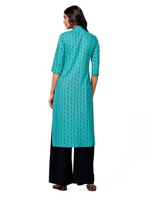 Turquoise printed cotton long-kurtis 2