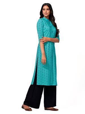 Turquoise printed cotton long-kurtis 3
