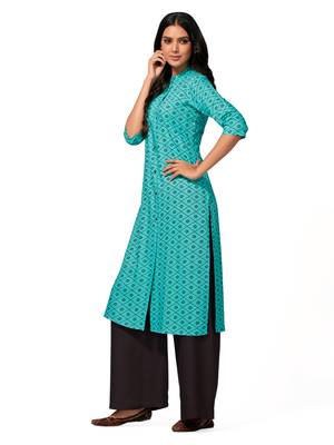 Turquoise printed cotton long-kurtis 4