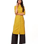 Mustard printed cotton long-kurtis