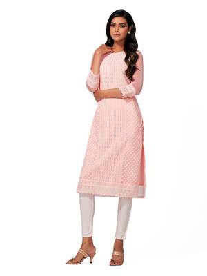 Peach printed cotton long-kurtis 1