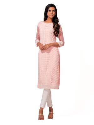 Peach printed cotton long-kurtis 4