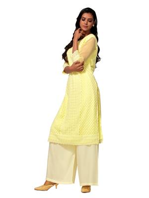 Yellow printed cotton long-kurtis 3
