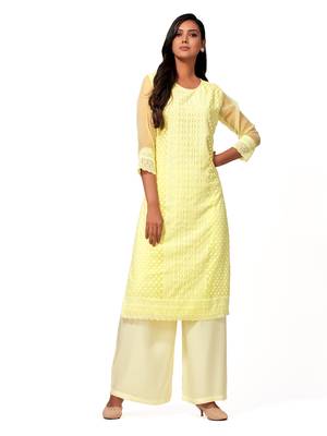 Yellow printed cotton long-kurtis 4