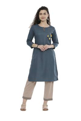 Blue plain cotton long-kurtis 1